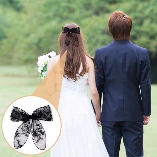OIIKI 2pcs Pinzas para el Cabello con Lazo de Encaje, Clips Grandes de Lazo de Tul para Mujeres, Boda - Negro y Beige miniatura 6