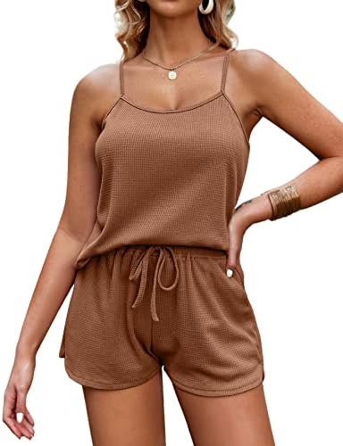 Ekouaer Pajamas for Women Waffle Knit Lounge Sets Cami Tops Shorts Loungewear S-XXL