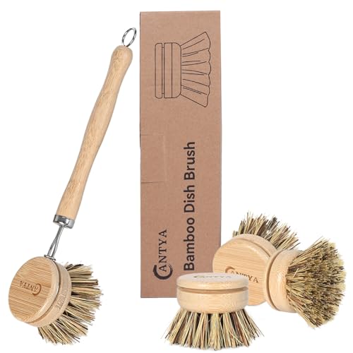 Image of Bamboo Dish Scrubber with Handle - Hard Bristle Natural Bristle Brush Sustainable & Biodegradable Kitchen Scrub Brush for Dishes Pans and Pots
