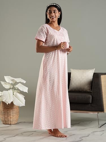 Image of 9shines Label Stylish Chikankari Cotton Nighty Maxi for Women | Full Length Nightgown | Nightdress with Pocket | Embroidery Nighty | Soft Comfortable Cotton Nightwear (1545)