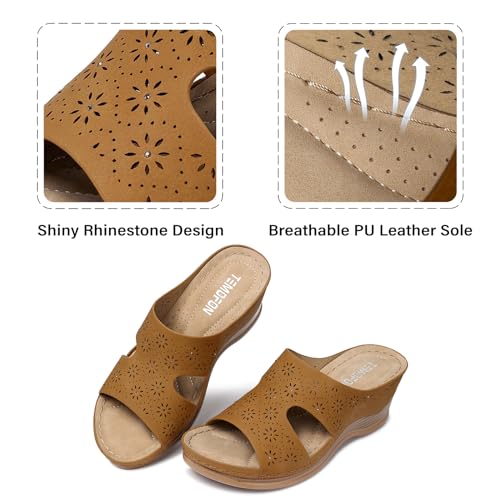 Image of TEMOFON Women Wedge Sandals Dressy: Comfortable Lightweight Summer Shoes | Low Wedge Heel - Fit Wide Feet - Comfy Stylish Slip on Sandals Size 5-11