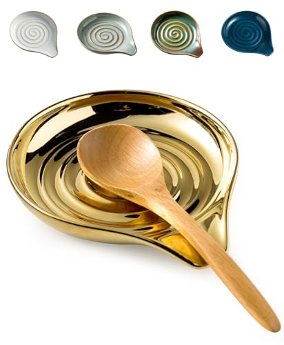 Image of LAUCHUH Spoon Rest for Stove Top, Ceramic Spoon Holder for Kitchen Countertop Large Cooking Utensil Rest for Father's Day, Spatula, Spoons, Tong, Ladle, Fork, Heat-Resistant, 5 inch, Gold