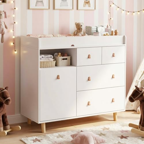 DAWNSPACES - Cambiador de bebé con cajones, caja de almacenamiento oculta de 45 pulgadas, cambiador de bebé, cambiador de bebé (blanco)