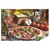 islandburner Póster XXL de pizza italiana con salami y hojas frescas de albahaca para cocina, restaurante gourmet premium, fotos fotográficas