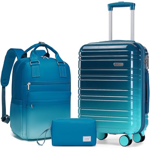Image of LARVENDER Carry on Luggage 22x14x9 Airline Approved Hardshell Suitcase with Wheels TSA Lock, PC+ABS Lightweight Suitcase Set for Women with Travel Backpack, Ocean Breeze, 3 Piece Set
