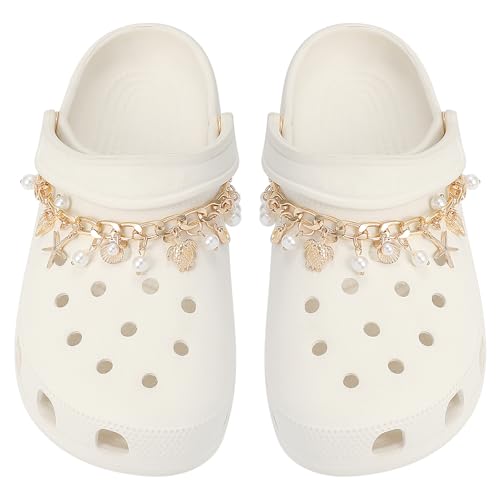 Eooberr 2Pcs Bling Ocean Shoe Chains for Girls Summer Sandals Golden Turtles Shells Shoe Charms for sandals DIY Shoe Decoration Charms Party Favor