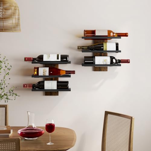 Image of Hoctieon 3 Tier Wall Mount Wine Rack Set (9 Bottles), Wall Mounted Wine Bottle Rack for Display and Storage, Hanging Bottle Holder, for Living Room, Dining Room,Bar,Wine Cellar,Rustic Brown