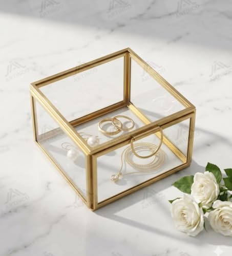 Image of Art India Collections Square Brass Glass Box with Lid and Glass Base, Display Box Gold 8x8x5 cm