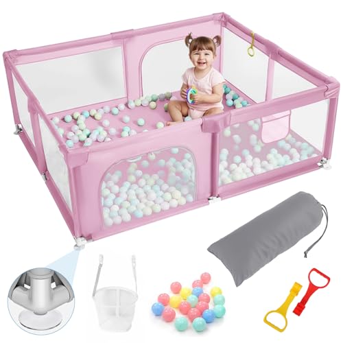 Parque Infantil Bebe, Parque de Juegos Bebe, Centro de Actividades Infantiles con Espuma Anticolisión, con 2 Puerta Lateral Parque Bebes para Casa Plegable,Rosado,150x180x60cm