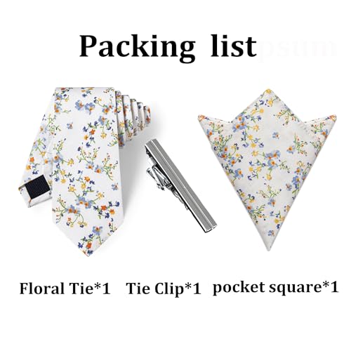 Image of YourTies Cotton Floral Tie for Men 2.5 inch Printed Skinny Necktie Pocket Square Tie Clip Set Flower Wedding Party Groom