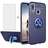 Asuwish Compatible with Huawei P Smart 2019/Honor 10 Lite Case and Tempered Glass Screen Protector Cell Accessories Ring Holder Stand Kickstand Silicone Slim Phone Covers for Hawaii PSmart 2019 Blue