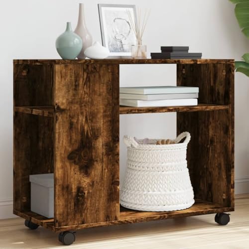 Brokky Mesa Auxiliar con Ruedas Madera Mesa Auxiliar Mueble Auxiliar salón Mesa Auxiliar Madera Roble Ahumado 70x35x60 cm