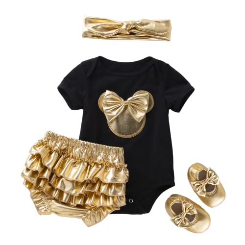 Newborn Baby Girls Mini Mouse Gold Short Sleeve Romper Ruffle Bloomers Pants Headband Shoes Outfits 4Pcs