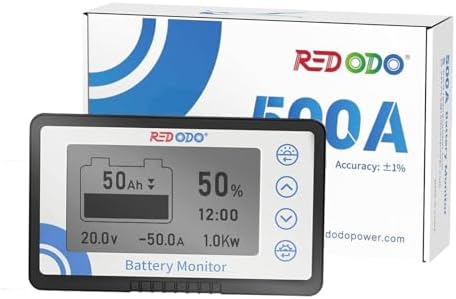Redodo Battery Monitor with Shunt, Battery Meter Voltage Range 8V~120V and up to 500A, 20ft Shielded Cable, High and Low Voltage Programmable Alarm Compatible with Gel, Lead-Acid, LiFePO4 Batteries