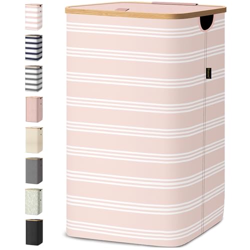 Image of BALEINE Laundry Hamper with Lid, Tall Laundry Baskets with Bamboo Pull Handles, Large Laundry Bin with Internal Support (18 Gal /70L, Pink Pinstripe)