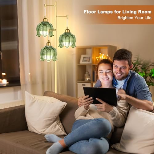 Image of ZECOXOL Vintage Floor Lamps for Living Room Bedroom-3 Light Glass Floor Lamp with Three Led Bulb, Modern Mid Century Standing Lamp Brass Tall Lamp Gold Tree Floor Lamp for Bedroom Corner