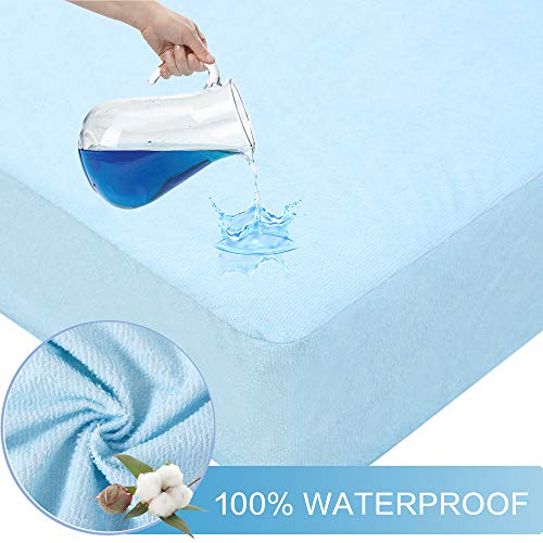 Bedecor Fünf Seiten Wasserdicht Matratzenschoner -Schützen Sie die Oberseite und die Seiten der Matratze vor Flüssigkeitserosion Baumwolle - Blau 140x200cm
