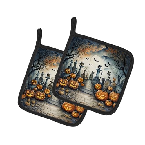 Caroline's Treasures Cat Cemetery Spooky Halloween Pair of Pot Holders Kitchen Heat Resistant Pot Holders Sets Oven Hot Pads for Cooking Baking BBQ, 7 1/2 x 7 1/2