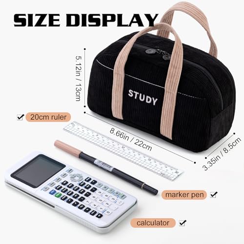 Image of EASTHILL Corduroy Hand-held Pencil Case Large Cute Pencil Pouch Stationery Pen Bag for Teen Girls-Black