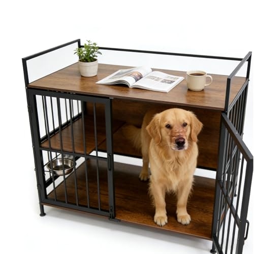 Onail Large Dog Crate Furniture w/Double Doors, Adjustable Raised Feeder,