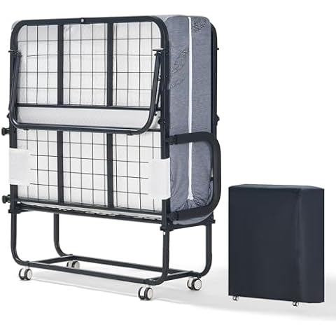 Polar Aurora Folding Bed with Mattress,75"X38" Twin Size Bed Frame,Portable roll Away Bed with Memory Foam Mattress for Adults,Single Bed with 2 Armrests,4 Wheels,Bed Side Pocket and Dust Cover Cover