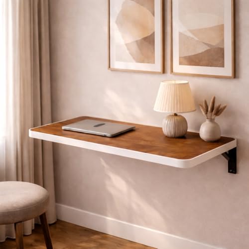 Image of Wall Mounted Folding Table | Space Saving Wooden Wall Desk with Rounded Corners & Heavy Duty Bracket | Foldable Study Table for Home, Office & More (Classic Brown, 16 X 32 Inches)