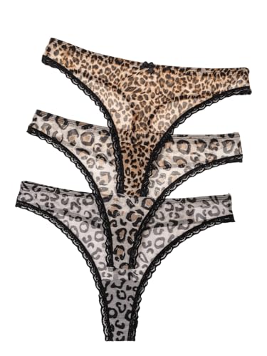 WDIRARA Women's 3 Pack Leopard Print Mesh Thong See Through Panties Lace Trim Low Rise Briefs Brown...