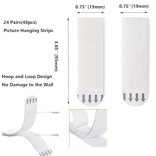 Image of 24 Pairs Large Picture Hanging Strips Removable Damage Free Hook and Loop Tape Sticky Picture Hangers for Wall Hanging Pictures Without Nail White Adhesive Strip