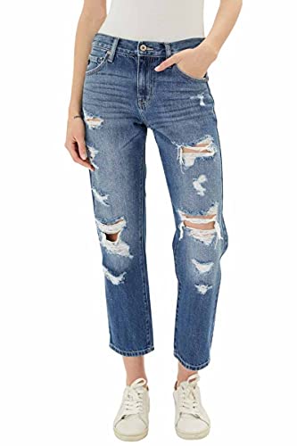 Kancan Women's Mid Rise Distressed Boyfriend Jeans - KC8643