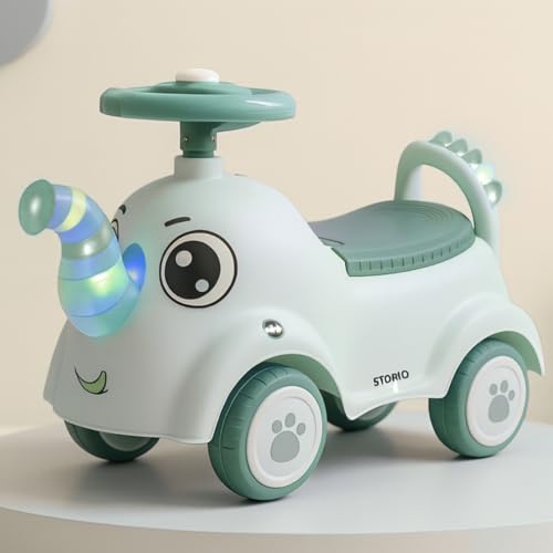 Image of Storio Elephant Baby Ride-On Car Toy with Light and Music - Green | Push Car for Kids with Backrest & Steering, 1-3 Years