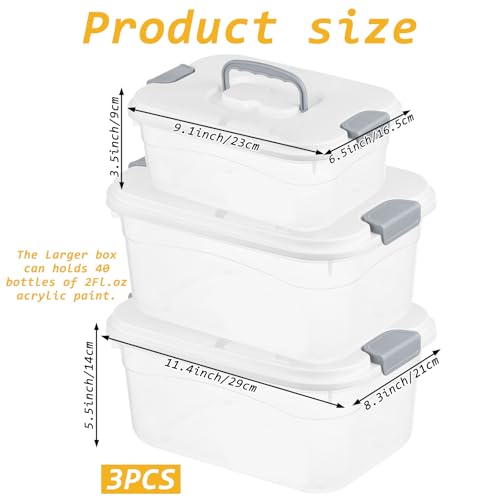 Image of 3 Pcs Paint Storage Box for Acrylic Paint, Portable Clear Acrylic Paint Organizer Boxes with Handle and Lid, Extra Large Capacity Art Supply Clear Box for 2 Fl. oz Apple Barrel & Other Brand Paint