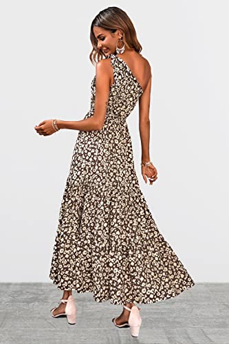 Prettygarden Women's Floral Summer Dress 2023 Knot One Shoulder Sleeveless Ruffle Hem Flowy Boho Maxi Dresses(Coffee,X-Large) #TOP3