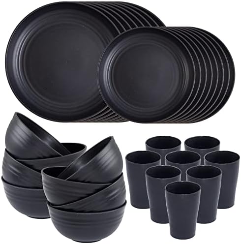 Supernal Wheat Straw Dinnerware Sets,Unbreakable Dinner Plates for 8,Microwave Dishwasher Safe,Reusable Dinnerware,Black Set 16pcs Plates, 8pcs Bowls, 8pcs Cups.