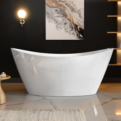 Image of Empava 67 inch Luxury Freestanding Soaking Bathtub - Modern Oval Spa Tub for Deep Relaxation & Master Bathroom Sanctuary, High-Gloss Acrylic with Brushed Nickel Overflow and Drain, cUPC Certified