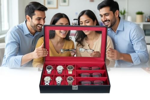 Image of Sukeshcraft 6 Slot Watch Organizer Case with Lock - Premium Black PU Leather Watch Box for Men - Sunglass Storage Compartment (Black Pu - Mehroon Velvet)