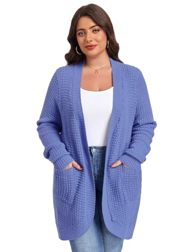 Image of LARACE Long Cardigans for Women Plus Size Tops Open Front Sweaters with Pockets Waffle Ribbed Sleeve Loose Fall Outwear