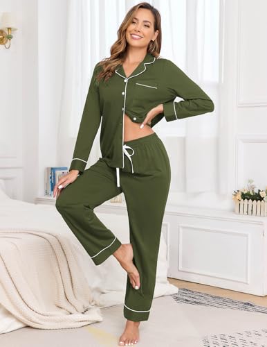 Image of Veseacky 100% Cotton Women's Pajama Set Long Sleeve Button Down Sleepwear Soft Pjs Lounge Sets Nightwear Pjs XS-XXL
