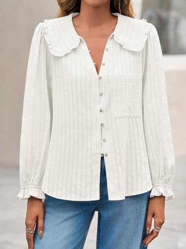 Tankaneo Womens Peter Pan Collar Shirts Puff Long Sleeve Button Down Cotton Blouse Casual Fall Textured Tops2