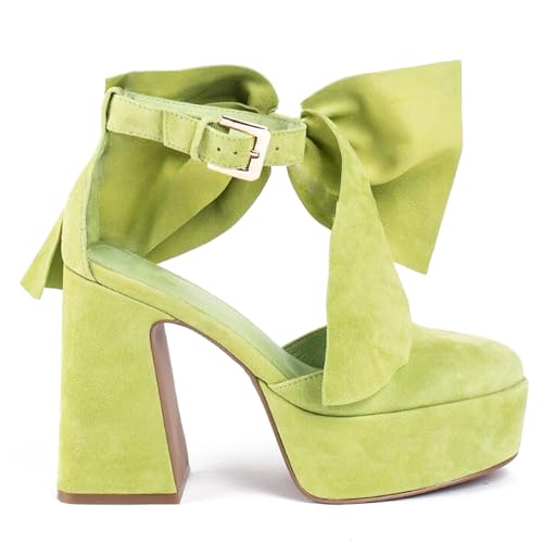 Platform Block Heel Sandals For Woman, Suede Bow Ankle Buckle High Heels, Round Toe Chunky Heeled Platform Sandals, Lovely Party Date Dress Heels For City Girls3