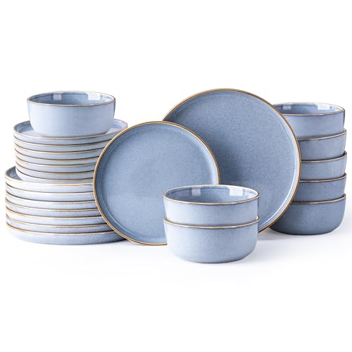 Image of GBHOME Ceramic Dinnerware Sets for 8, 24 Pieces Stoneware Plates and Bowls Sets, Scratch Resistant Dishes, Dishwasher & Microwave Safe, Reactive Glaze-Brunnera Blue