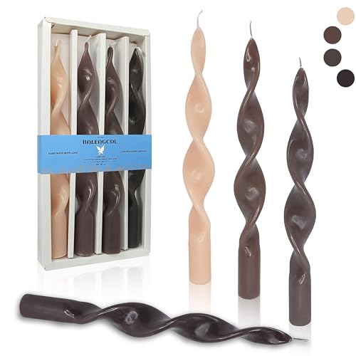 Image of Unscented Gradient Brown Spiral Taper Candle Smokeless Twisted Candlesticks Handmade 10 Inch Long Candles for Wedding Home Decor Seasons Gifts 4 Pcs