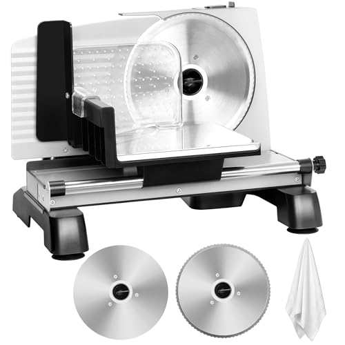 FSUON Meat Slicer 200W for Home Use, 2 Removable 7.5" Stainless Steel Blades, Electric Food Slicer with 0-18mm Adjustable Thickness, Child Lock, 1 Tray, and 1 Towel