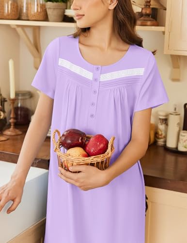 Image of Ekouaer Nightgown for Women Cotton Long Night Gown Short Sleeve Nightdress with Pockets Button Sleepshirt Soft Sleepwear