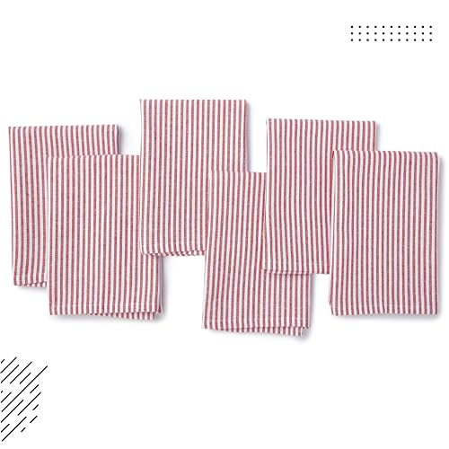 Image of Encasa XO Dining Table Napkins Set of 6, 45x45 cm | Machine Washable Reusable, Recycled Cotton Cloth Napkin, Soft & Absorbent, Table Decor for Hotels, Farmhouse - White & Ticking Red