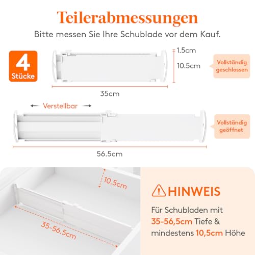 Lifewit 4 Stück Schubladentrenner, Verstellbar Schubladen Trenner für Innenlänge 35-55cm & Höhe>10,5cm, Schubladen Organizer Schubladenteiler für Kleiderschrank Wickelkommode Büro Küche, Weiß