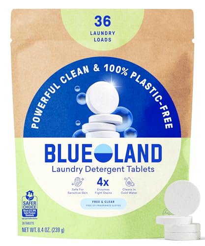 BLUELAND Laundry Detergent Tablets, 36 Count, Plastic-Free Eco-Friendly, Fragrance Free and Clear, Safe for Sensitive Skin, No Harsh Chemicals, Lifts Tough Stains and Odors
