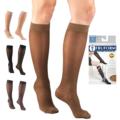 Image of Truform Sheer Compression Stockings, 15-20 mmHg, Women's Knee High Length, Diamond Pattern, Espresso, Large