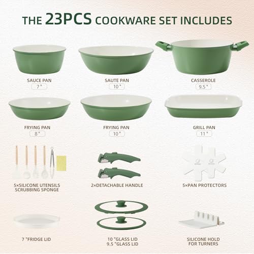 BECIGAR 23pcs Ceramic Pots and Pans Set, Nonstick Detachable Handle Cookware, Induction Kitchen Cooking Set with Removable Handle,include Frying Pans & Saucepans Oven Safe(Green) - Image 2