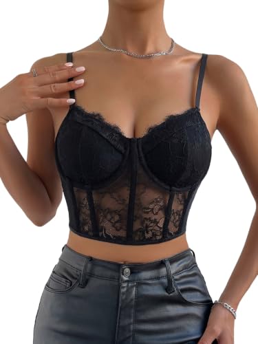 Débardeur Y2k femme col en V et dentelle transparente en maille GORGLITTER