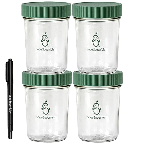 Sage Spoonfuls Glass Baby Food Containers with Lids - 4 Pack, 8 oz Glass Baby Food Jars, Freezer Storage, Durable & Leakproof, Reusable Glass Baby Food Containers, Microwave & Dishwasher Friendly